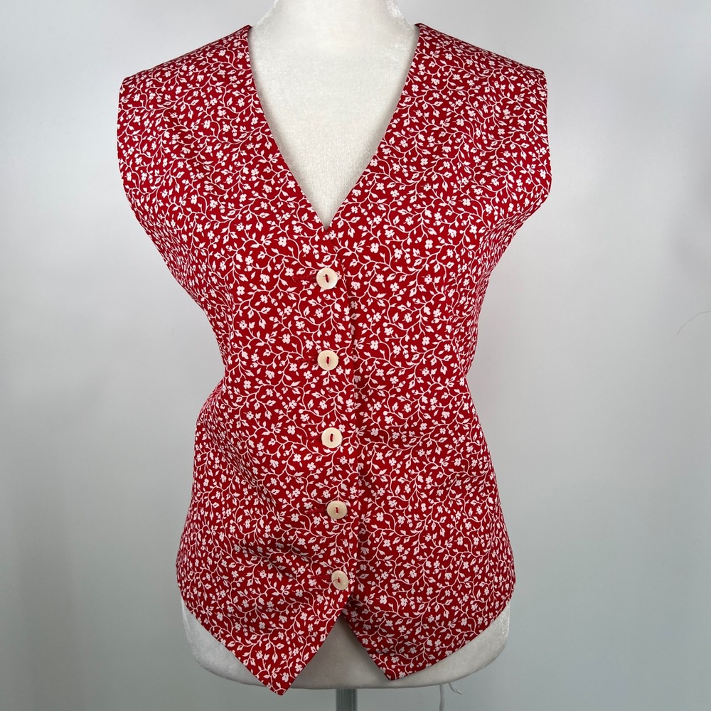 Liz Claiborne Petite Red Floral Button Front Vest‎ Waistcoat Size 12P Adjustable